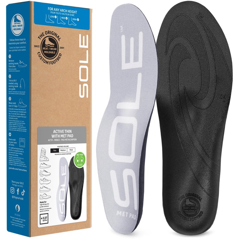 SOLE Active Thin + Met Pad Insoles - Custom Moldable Orthotic Support for Any Arch Type, Plantar Fasciitis Relief - Mens Size 8/Womens Size 10, 1 Pair - Image 1